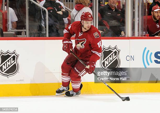 Rostislav Klesla of the Phoenix Coyotes skates the puck up ice against the Nashville Predators in Game One of the Western Conference Semifinals...