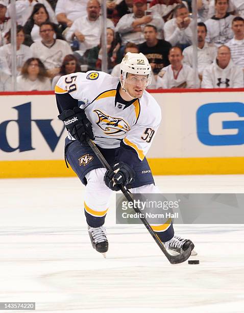 Roman Josi of the Nashville Predators skates the puck up ice against the Phoenix Coyotes in Game One of the Western Conference Semifinals during the...