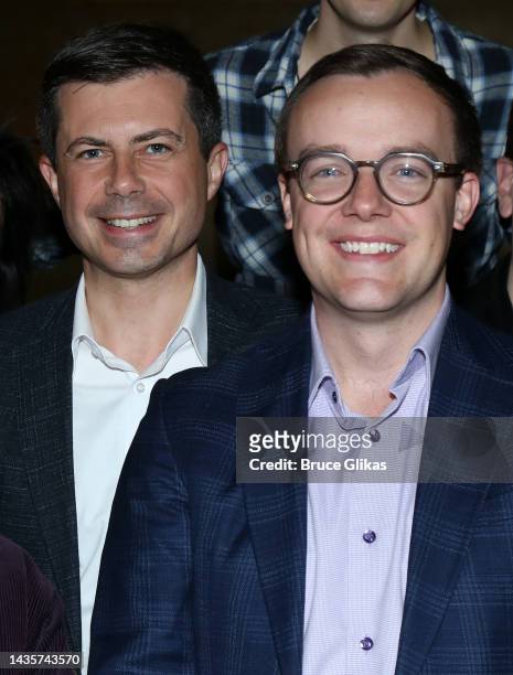 United States Secretary of Transportation Pete Buttigieg and husband Chasten Buttigieg pose backstage at "Into The Woods" on Broadway at The St....