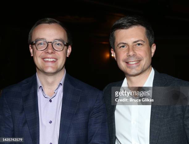 Chasten Buttigieg and husband United States Secretary of Transportation Pete Buttigieg pose backstage at "Into The Woods" on Broadway at The St....