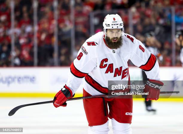 Brent Burns of Carolina Hurricanes reacts during the third period of an NHL game between the Calgary Flames and the Carolina Hurricanes on October 22...