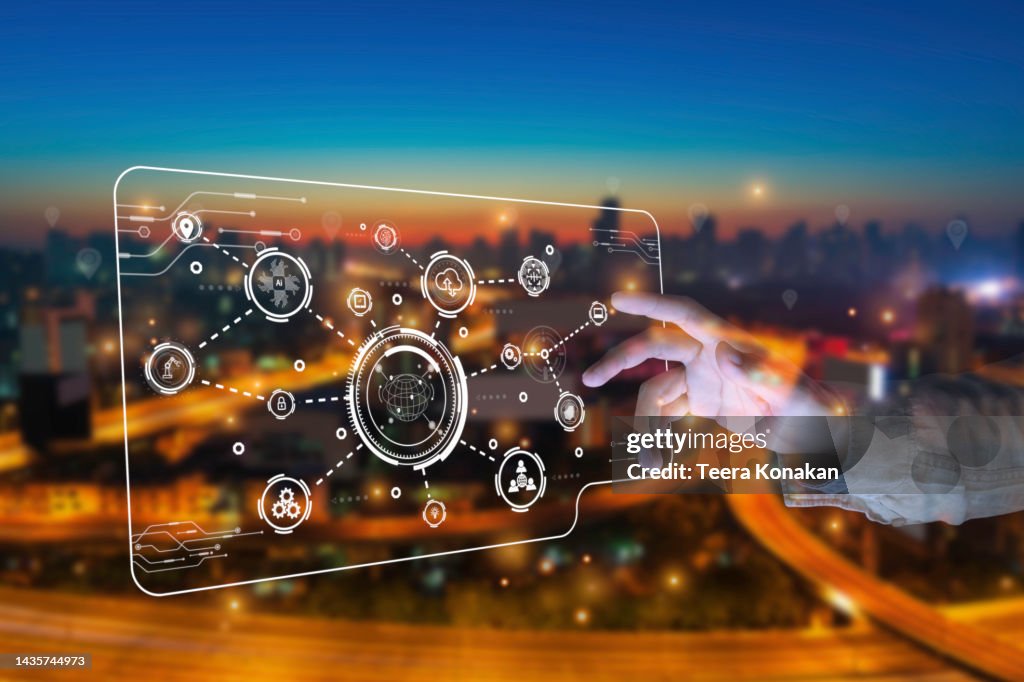 Close-up of hands touching screen virtual internet connection concept of new technology, big data and business process strategy with night vision in the background.