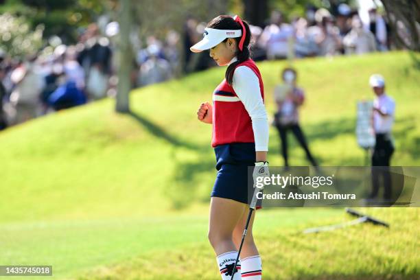 Yui Kawamoto of Japan celebrates the birdie on the 9th green during the final round of the Nobuta Group Masters GC Ladies at Masters Golf Club on...