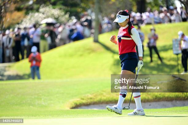 Yui Kawamoto of Japan celebrates the birdie on the 9th green during the final round of the Nobuta Group Masters GC Ladies at Masters Golf Club on...