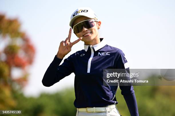 Yuka Yasuda of Japan poses on the 8th hole during the final round of the Nobuta Group Masters GC Ladies at Masters Golf Club on October 23, 2022 in...