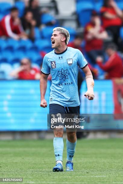 Patrick Wood of Sydney FC celebrates scoring a goal during the round three A-League Men's match between Sydney FC and Adelaide United at Allianz...