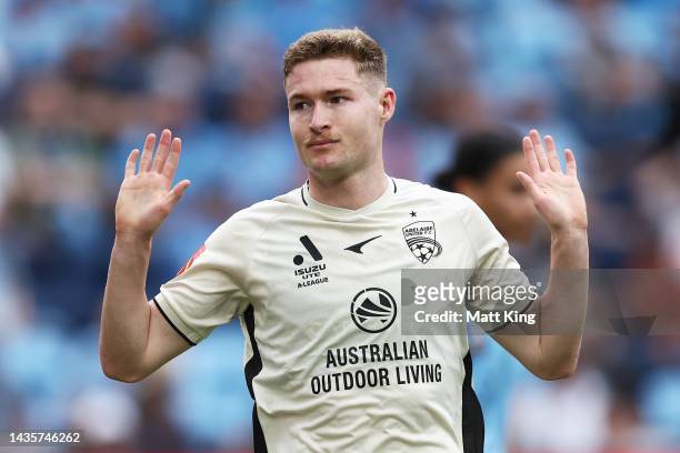 Harry Van Der Saag of United celebrates scoring a goal during the round three A-League Men's match between Sydney FC and Adelaide United at Allianz...