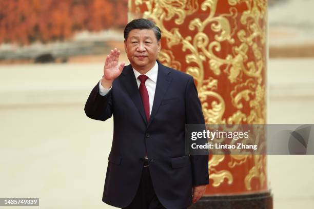 Chinese President Xi Jinping attends the meeting between members of the standing committee of the Political Bureau of the 20th CPC Central Committee...