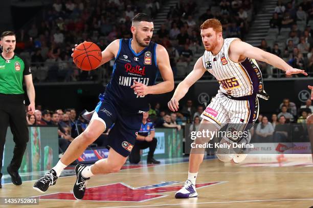 Chris Goulding of United handles the ball against Angus Glover of the Kings during the round four NBL match between Melbourne United and Sydney Kings...