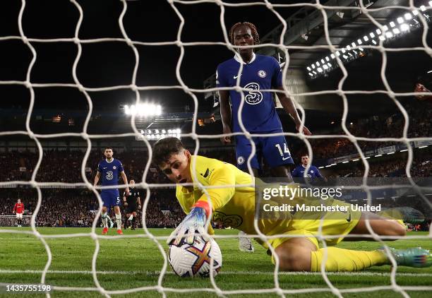 Kepa Arrizabalaga of Chelsea fails to save a shot on goal by Casemiro of Manchester United during the Premier League match between Chelsea FC and...