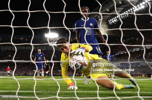 Kepa Arrizabalaga of Chelsea fails to save a shot on goal by Casemiro of Manchester United during the Premier League match between Chelsea FC and...