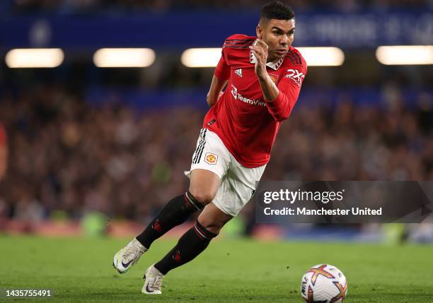 Casemiro of Manchester United looks upfield during the Premier League match between Chelsea FC and Manchester United at Stamford Bridge on October...