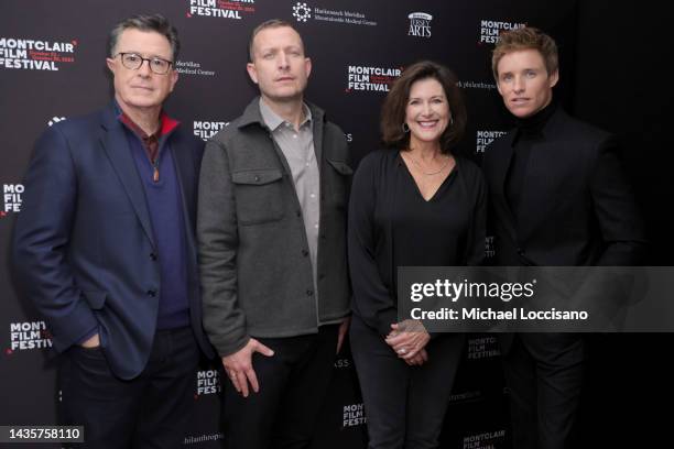 Stephen Colbert, Director Tobias Lindholm, Evie McGee-Colbert, and Eddie Redmayne attend a screening of "The Good Nurse" during the 2022 Montclair...