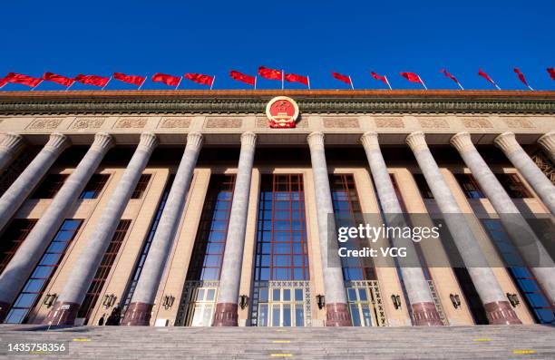 Chinese national flags flutter on the Great Hall of the People on October 22, 2022 in Beijing, China. The 20th CPC National Congress concluded on...
