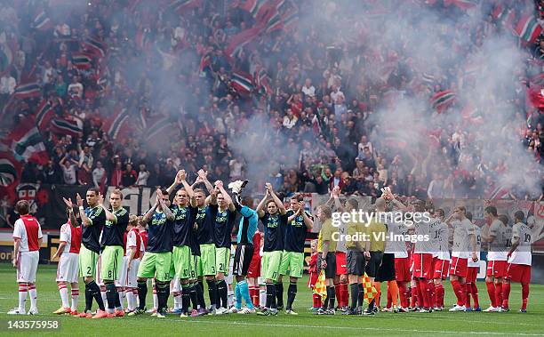 Opkomst elftallen during the Dutch Eredivisie match between FC Twente and Ajax Amsterdam at the Grolsch Veste on April 29, 2012 in Enschede,...