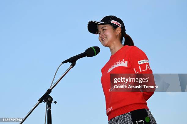 Haruka Kawasaki of Japan is interviewed after winning the tournament following the final round of the Nobuta Group Masters GC Ladies at Masters Golf...
