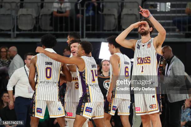 Sydney Kings celebrate the win during the round four NBL match between Melbourne United and Sydney Kings at John Cain Arena, on October 23 in...