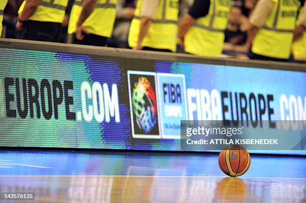 Basketball ball is seen on floor of the Fonix Arena in Debrecen on April 29, 2012 during the half time in the final of the Basketball EuroChallenge...