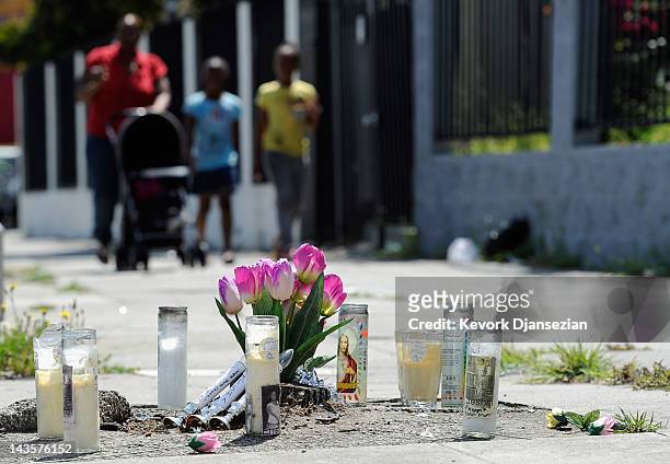 Makeshift memorial is set up on a sidewalk where a traffic accident killed three women two months ago in South Los Angeles on April 29, 2012 in Los...