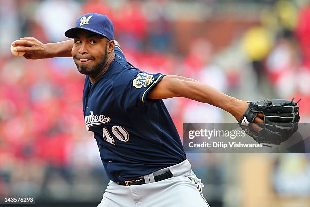 Reliever Jose Veras of the Milwaukee Brewers pitches against the St. Louis Cardinals at Busch Stadium on April 29, 2012 in St. Louis, Missouri. The...