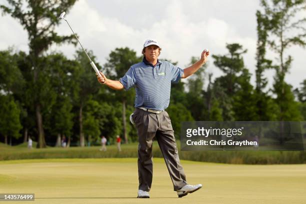 Jason Dufner celebrates after defeating Ernie Els in a two hole playoff to win the final round of the Zurich Classic of New Orleans at TPC Louisiana...