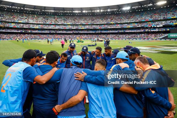 The India huddle ahead of the ICC Men's T20 World Cup match between India and Pakistan at Melbourne Cricket Ground on October 23, 2022 in Melbourne,...