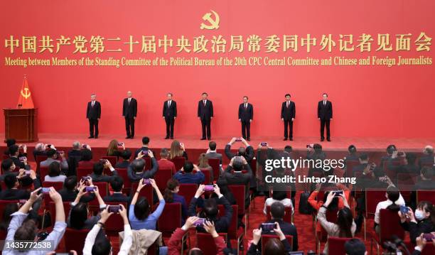 Li Xi, Cai Qi, Zhao Leji, Xi Jinping ,Li Qiang, Wang Huning and Ding Xuexiang attend the meeting between members of the standing committee of the...