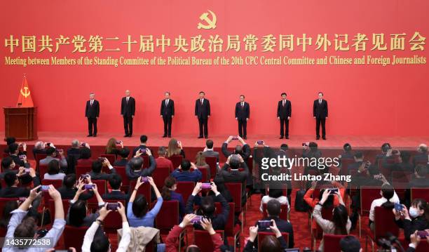 Li Xi, Cai Qi, Zhao Leji, Xi Jinping ,Li Qiang, Wang Huning and Ding Xuexiang attend the meeting between members of the standing committee of the...
