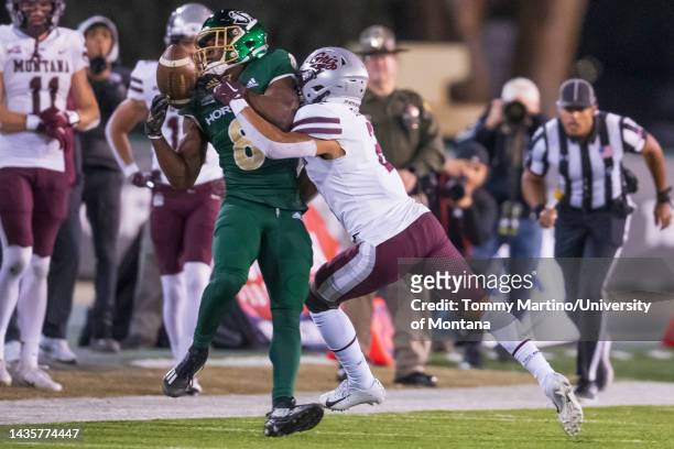 Jayden Dawson of the Montana Grizzlies breaks up a pass intended for Jared Gipson of the Sacramento State Hornets during a college football game at...