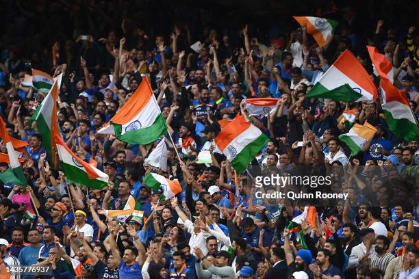Fans show their support during the ICC Men's T20 World Cup match between India and Pakistan at Melbourne Cricket Ground on October 23, 2022 in...