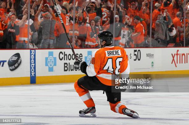 Danny Briere of the Philadelphia Flyers celebrates his overtime goal against the New Jersey Devils in Game One of the Eastern Conference Semifinals...