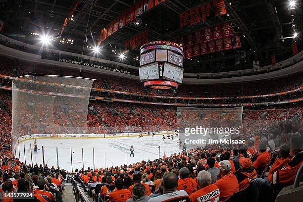 General view as the Philadelphia Flyers play against the New Jersey Devils in Game One of the Eastern Conference Semifinals during the 2012 NHL...