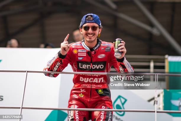Francesco Bagnaia of Italy and Ducati Lenovo Team on the podium after his race win during the race of the MotoGP PETRONAS Grand Prix of Malaysia at...