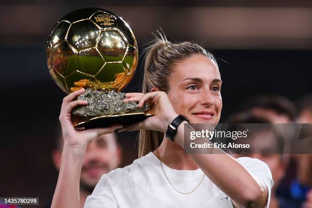 Alexia Putellas of FC Barcelona pose for a photo with the Ballon d'Or Feminin award prior to the UEFA Women's Champions League group D match between...