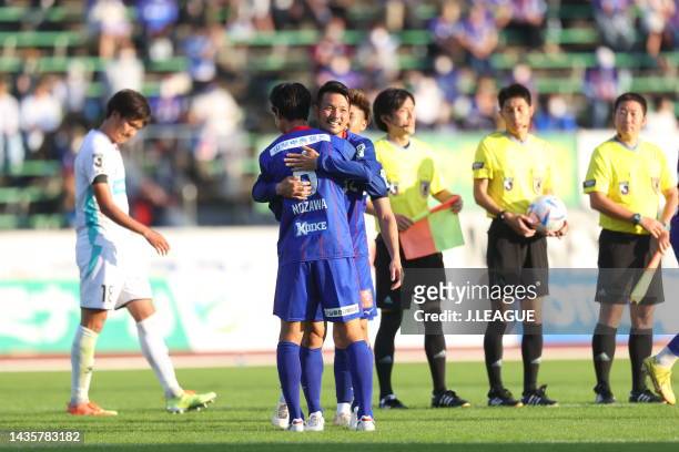 Hideyuki NOZAWA and Hideomi YAMAMOTO of Ventforet Kofu hug after the J.LEAGUE Meiji Yasuda J2 42nd Sec. Match between Ventforet Kofu and Iwate Grulla...