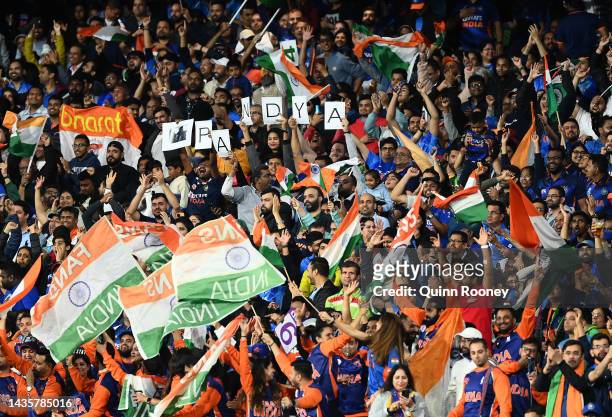 Fans show their support during the ICC Men's T20 World Cup match between India and Pakistan at Melbourne Cricket Ground on October 23, 2022 in...