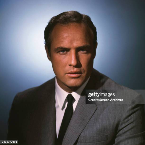 Marlon Brando studio publicity portrait wearing suit circa 1965.