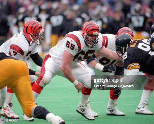 Offensive lineman Mike Arthur of the Cincinnati Bengals blocks defensive lineman Gerald Williams of the Pittsburgh Steelers as quarterback Boomer...