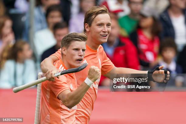 Koen Bijen of the Netherlands celebrates after scoring the team's first goal with Floris Wortelboer of the Netherlands during the FIH Hockey Pro...