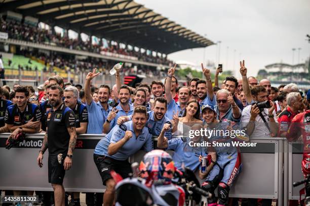 Enea Bastianini of Italy and Gresini Racing MotoGP celebrates with his team the second position during the race of the MotoGP PETRONAS Grand Prix of...