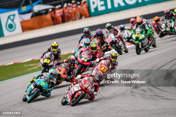 Moto3 rider Izan Guevara of Spain and GASGAS Aspar Team leads the Moto3 field after the start during the race of the MotoGP PETRONAS Grand Prix of...