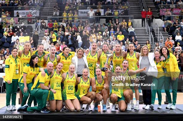 Liz Watson of Australia holds up the Constellation Cup as the Australian team celebrates victory after the Constellation Cup match between the...