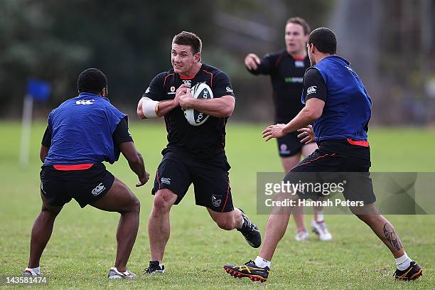 Jacob Lillyman runs through drills during a New Zealand Warriors NRL training session at Otahuhu College on April 30, 2012 in Auckland, New Zealand.