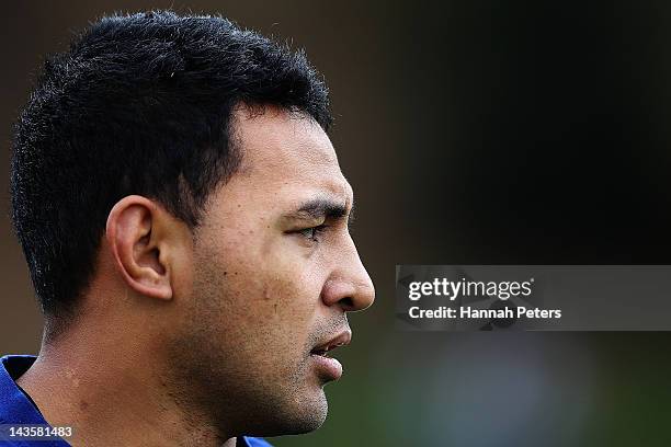 Krisnan Inu looks on during a New Zealand Warriors NRL training session at Otahuhu College on April 30, 2012 in Auckland, New Zealand.
