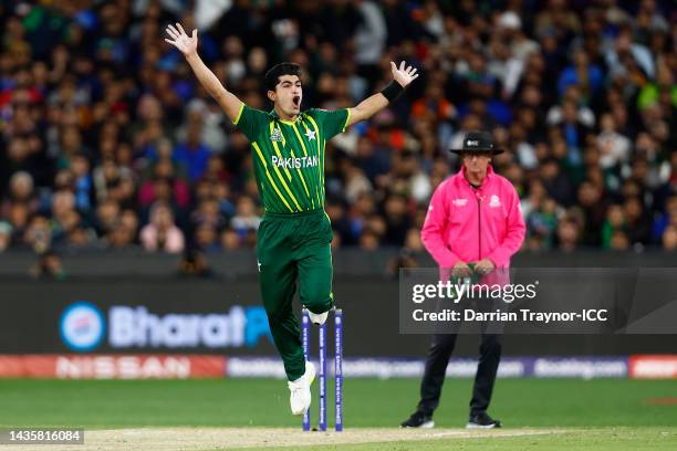 Naseem Shah of Pakistan celebrates bowling out KL Rahul of India during the ICC Men's T20 World Cup match between India and Pakistan at Melbourne...