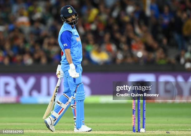 Rahul of India watches on as the ball hits his stumps during the ICC Men's T20 World Cup match between India and Pakistan at Melbourne Cricket Ground...