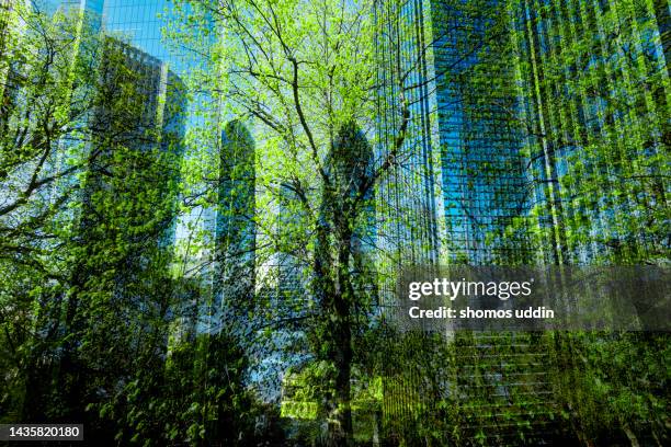 composite of trees and skyscrapers in london financial district - relazione simbiotica foto e immagini stock