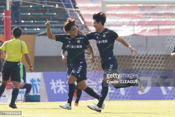 Toshiyuki TAKAGI of JEF United Chiba scores his side's first goal during the J.LEAGUE Meiji Yasuda J2 42nd Sec. Match between Renofa Yamaguchi FC and...