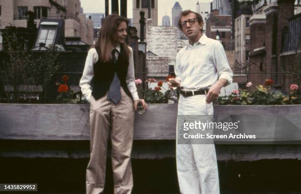 Annie Hall Woody Allen and Diane Keaton stand on Manhattan rooftop deck in scene from the 1977 comedy.