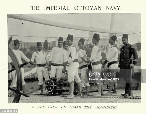 stockillustraties, clipart, cartoons en iconen met imperial ottoman navy, gun crew on board the warship hamidiye, 1890s, 19th century - ottoman empire